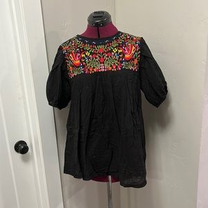 Black cotton gauze embroidered shirt